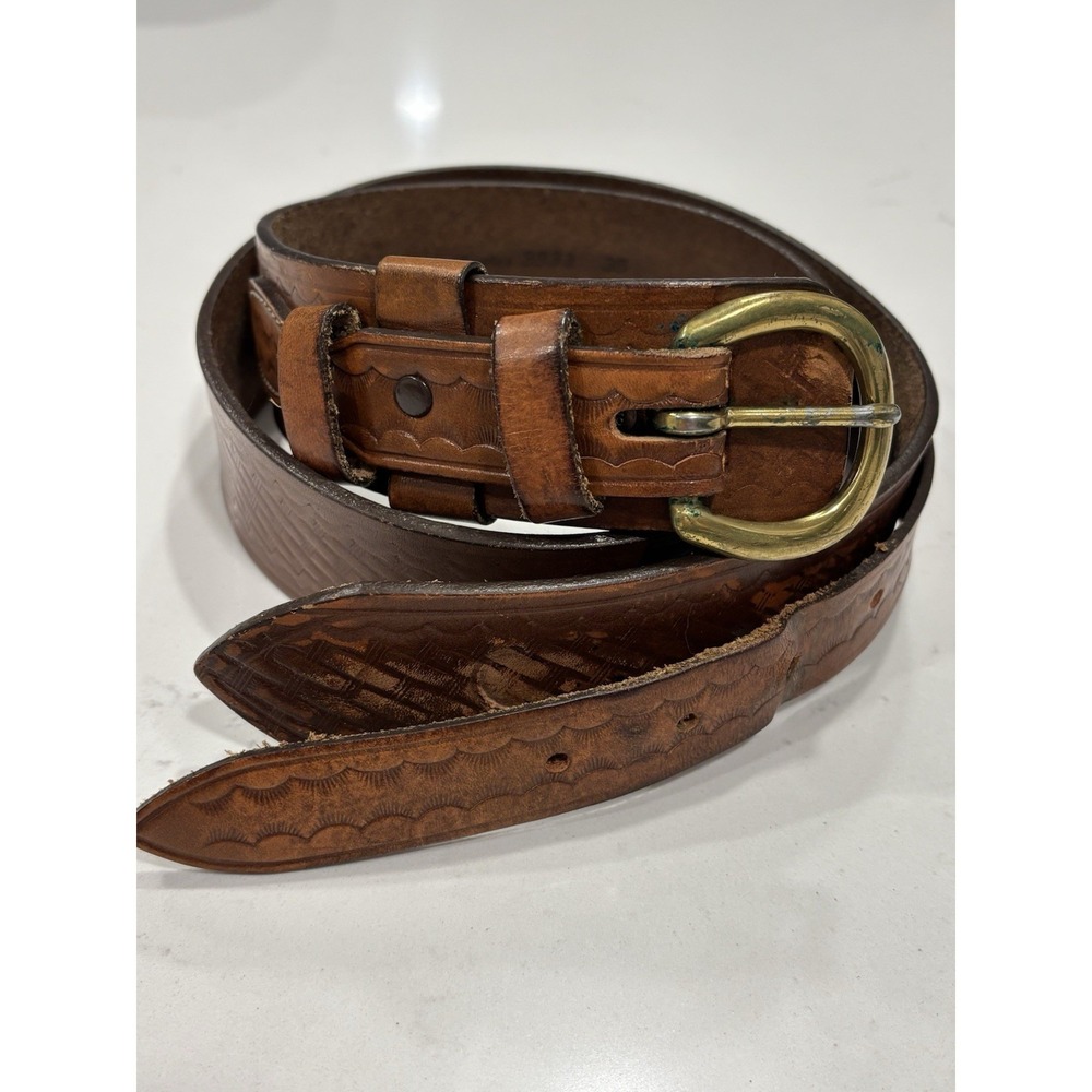 Eddie Bauer Western Belt Made in USA Saddle Leather #3833 Brass Buckle Size 36